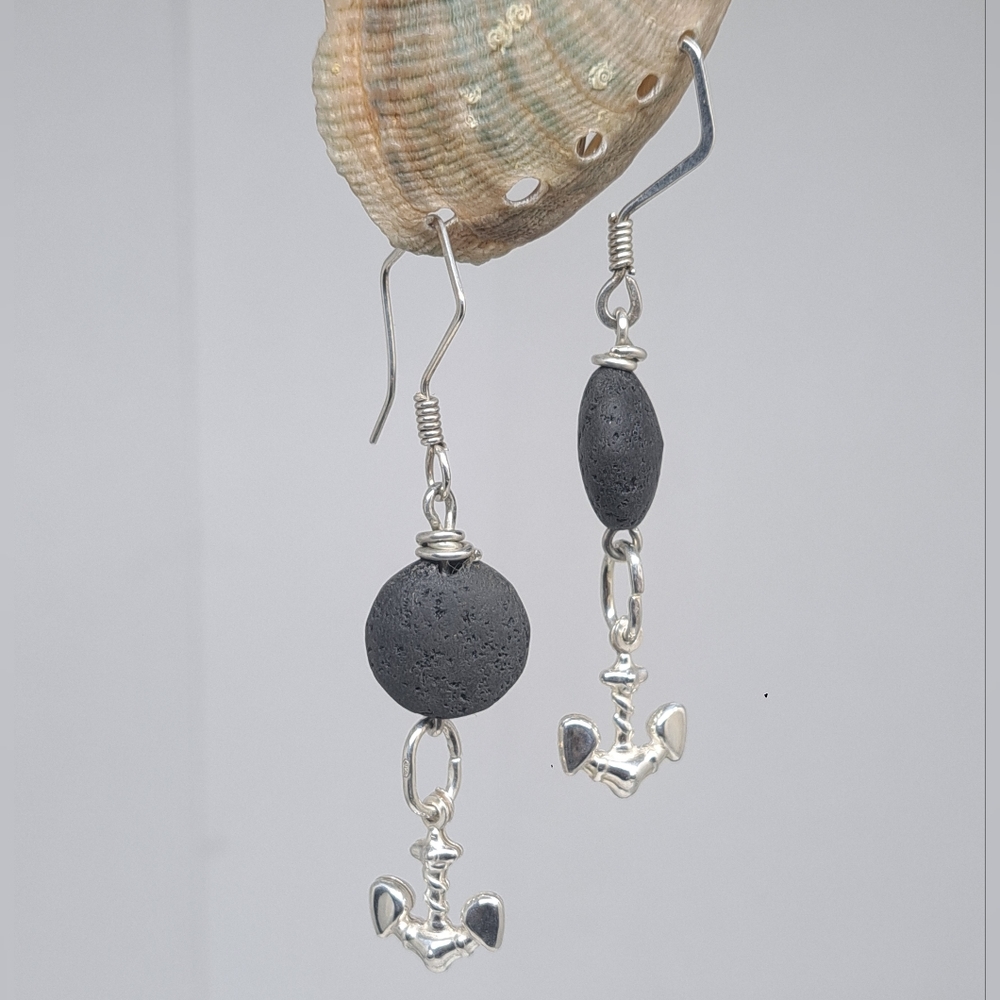 .925 Sterling Silver Anchor Dangling Lava Stone beads earrings